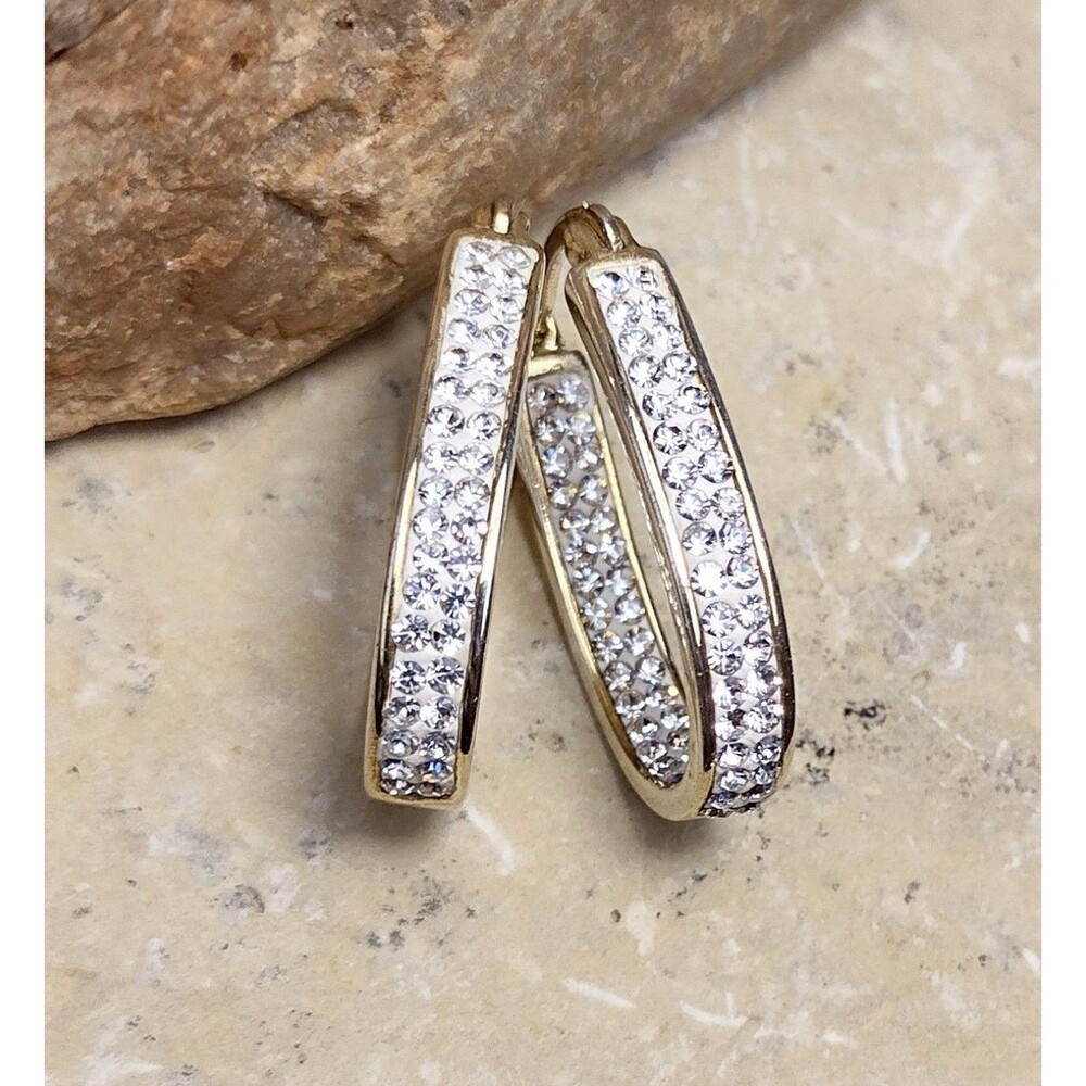 Signed S CN  Crystal Pave Gold tone Oval Inside Out Hoop Earrings Leverback